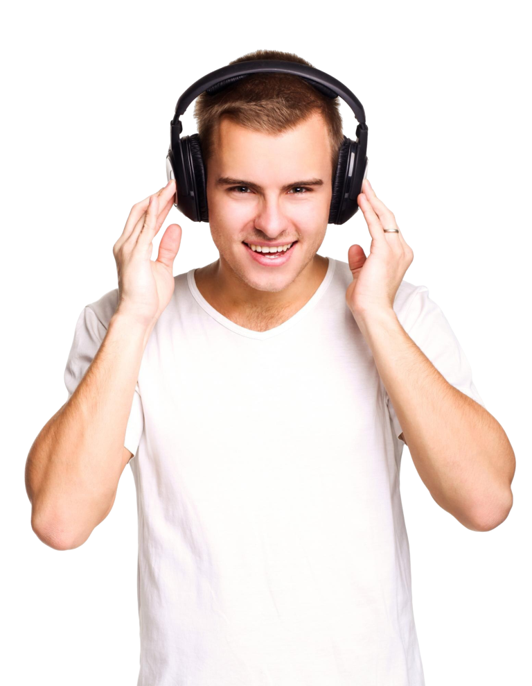 young handsome man white t shirt listening music headphones